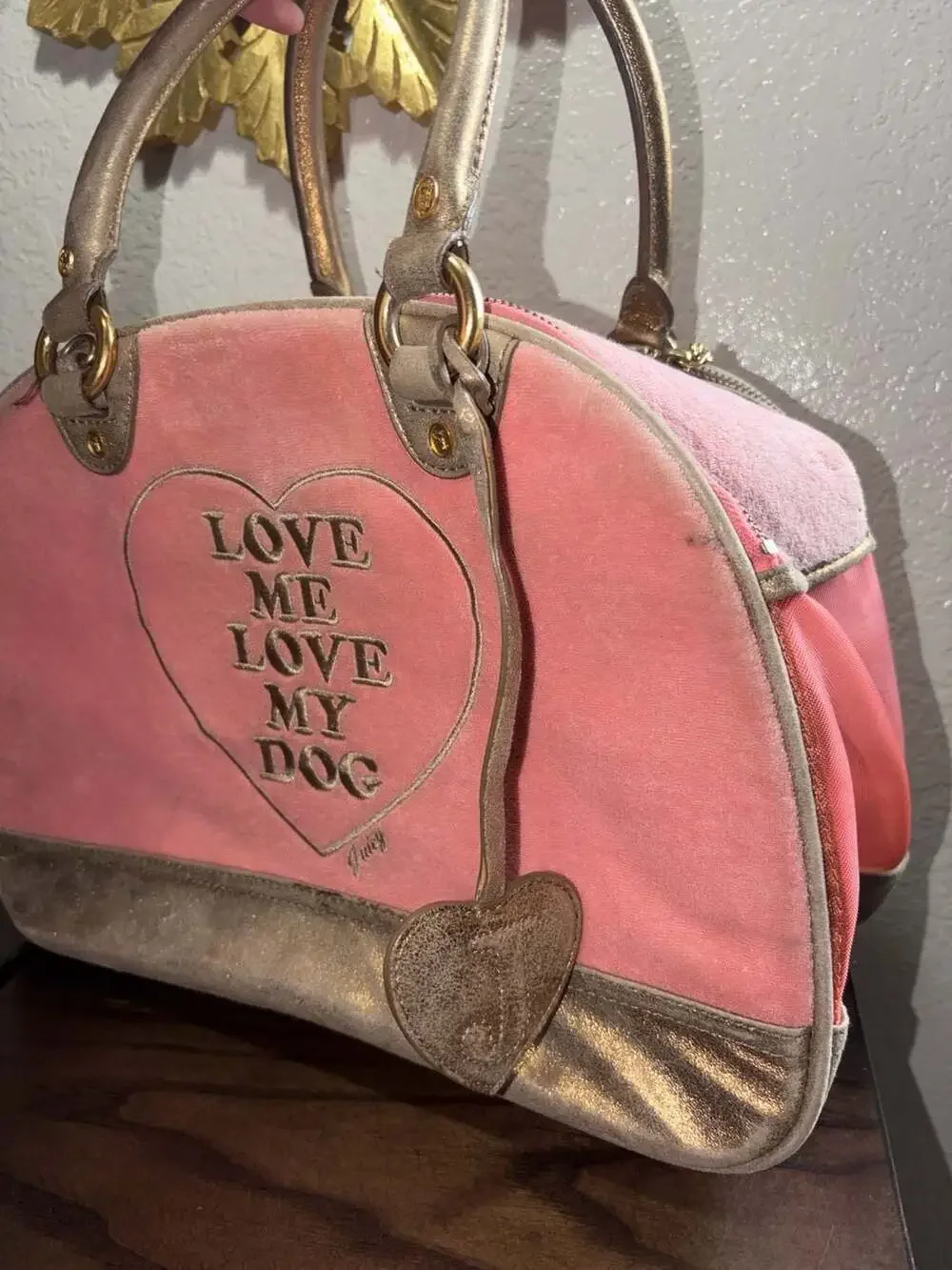 Juicy Couture 'Love Me Love My Dog' Pink Velour Satchel Pet Carrier